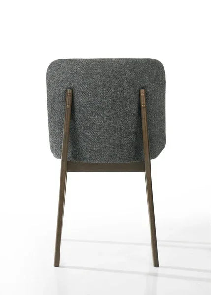 Rear view of grey upholstered dining chair with wooden legs on white background