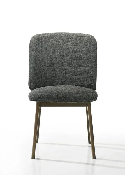 Dark grey fabric dining chair with cushioned seat and wooden legs, front view