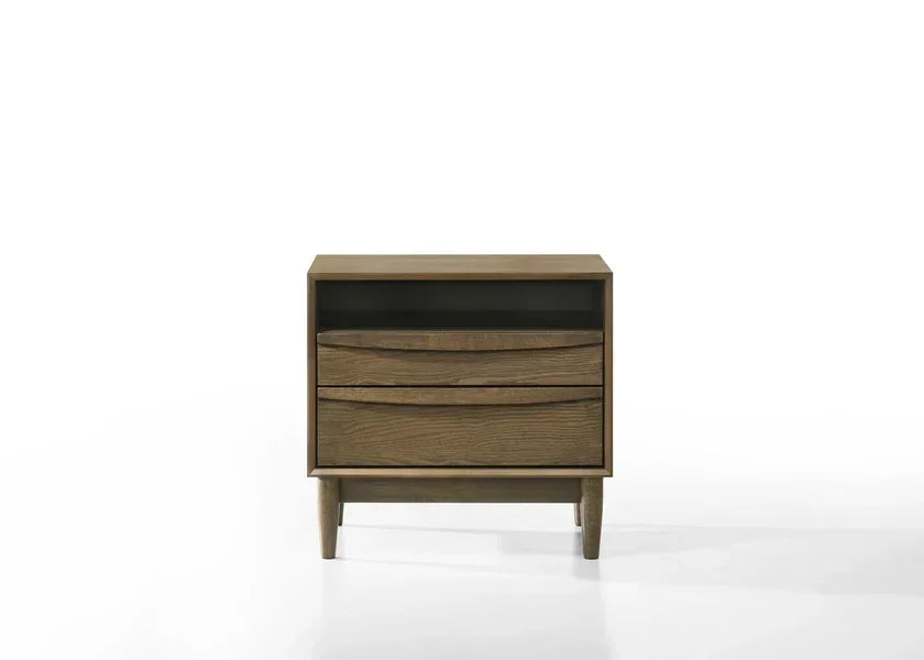 Oak bedside table with two drawers and open shelf, front view