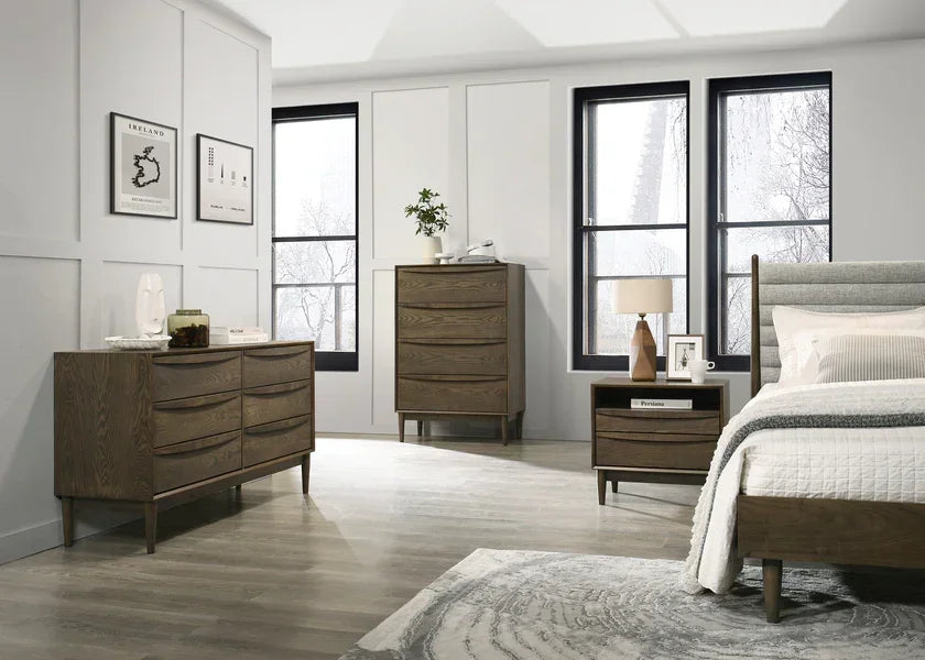 Modern bedroom furniture set with wooden bed, dresser, chest of drawers and nightstand