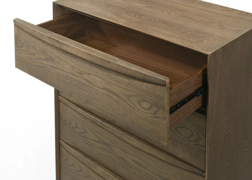 Wooden chest of drawers with open top drawer showing internal storage space