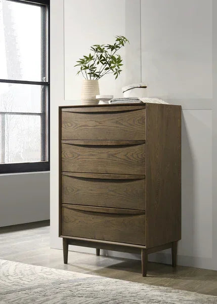 Tall wooden chest of drawers with four curved drawers in a modern bedroom corner
