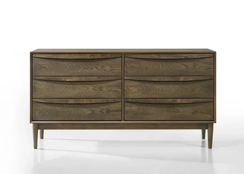 Six drawer wooden dresser with curved handles and mid-century legs