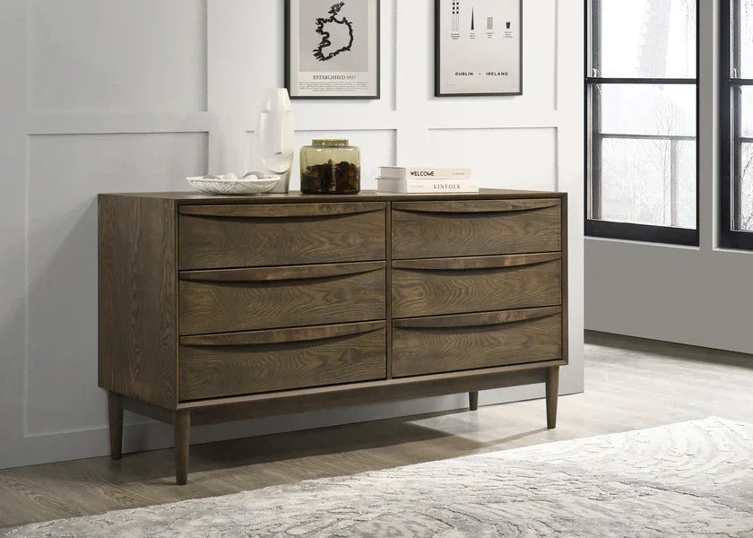 Brown wooden chest of drawers with six drawers in modern living room