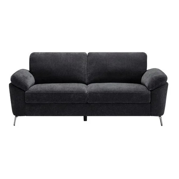 Dark grey fabric three-seater sofa with rolled arms and chrome legs, front view