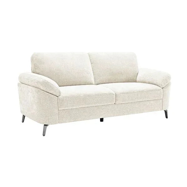 Beige fabric sofa with metal legs and wide padded arms, three seat design