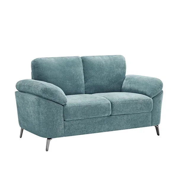 Teal fabric sofa with metal legs and pillow armrests, front angle view