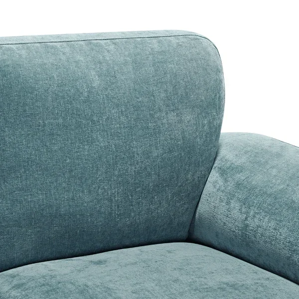 Close-up of teal fabric sofa armrest and backrest upholstery