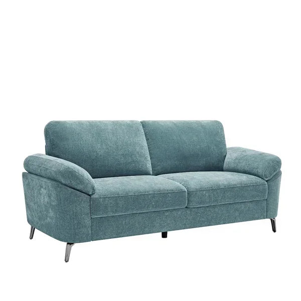 Teal fabric sofa with metal legs and wide armrests, front view