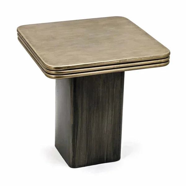 Brushed gold square side table with tiered edge and dark wood block base