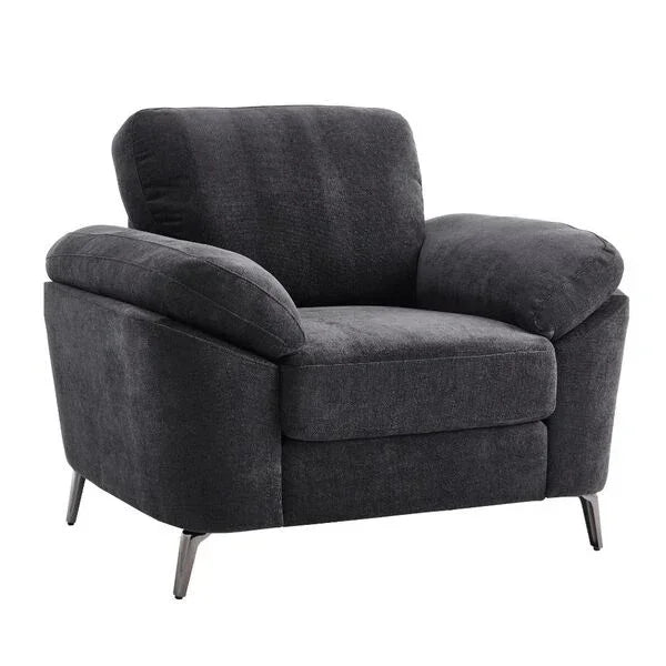 Dark grey fabric armchair with metal legs and wide cushioned arms