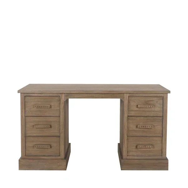 Large wooden desk with six drawers and natural oak finish, straight on angle