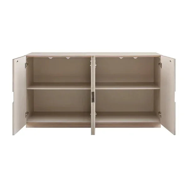 Beige wooden cabinet with double doors open and two interior shelves