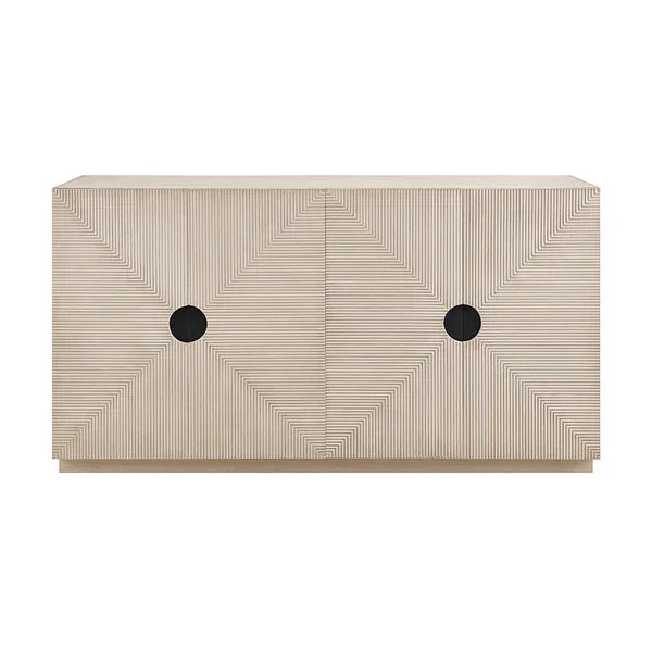 Modern sideboard with textured beige doors and circular black handles, front view