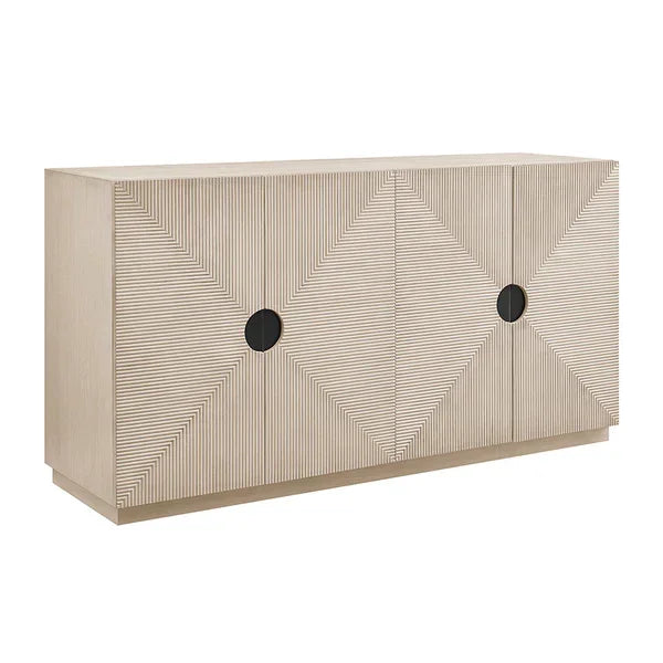 Beige sideboard cabinet with geometric panel design and round black door handles