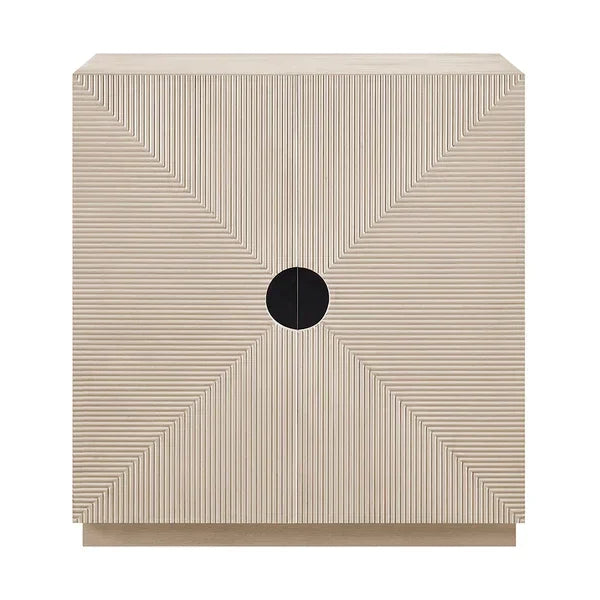 Beige wood cabinet with geometric grooved doors and round black handle, front view