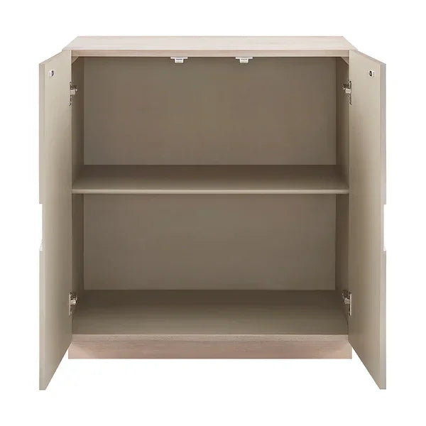Wooden storage cabinet with two shelves and open doors, beige interior, front view