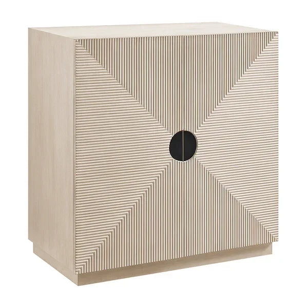 Modern wood cabinet with geometric striped doors and circular black handle