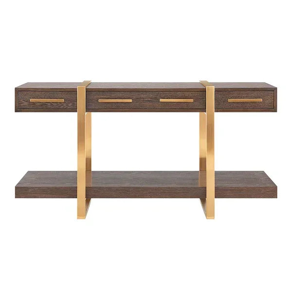 Modern console table with dark wood shelves, gold metal legs, and three drawers