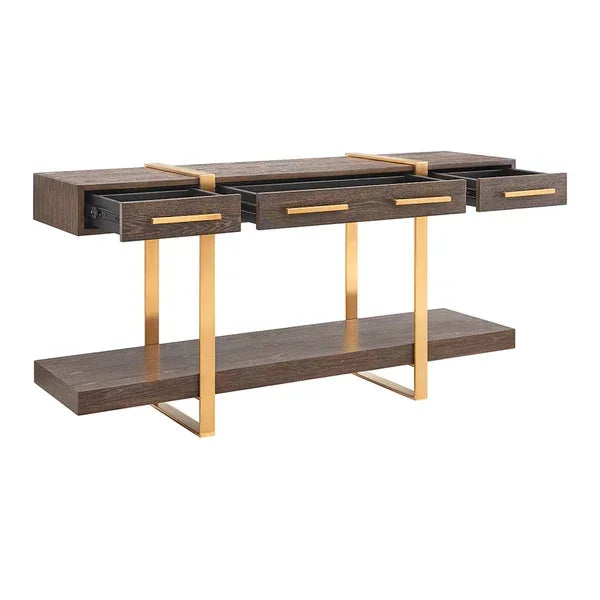Wood console table with gold metal legs, three drawers open, lower shelf visible