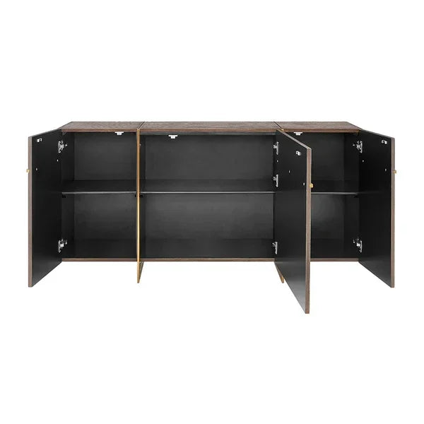 Modern sideboard with dark wood finish, three open cabinet doors and two interior shelves
