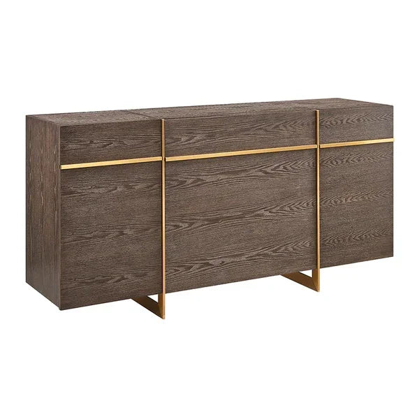 Contemporary sideboard with dark wood finish and gold metal accents, front angle view