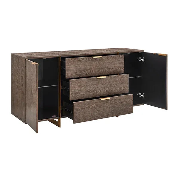 Brown wood sideboard with three open drawers and two open cabinet doors, gold handles
