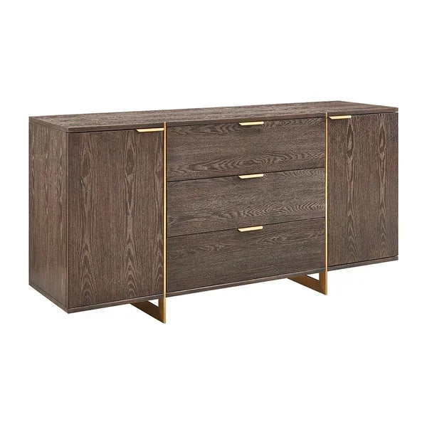 Wooden sideboard with three central drawers, two side cabinets, and gold accents
