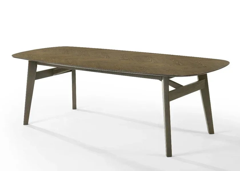 Rectangular wooden dining table with angled legs and natural wood grain finish