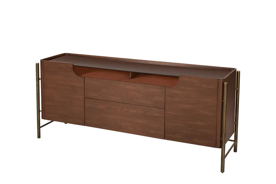 Modern wooden sideboard with brass legs and two cabinet doors, three central drawers