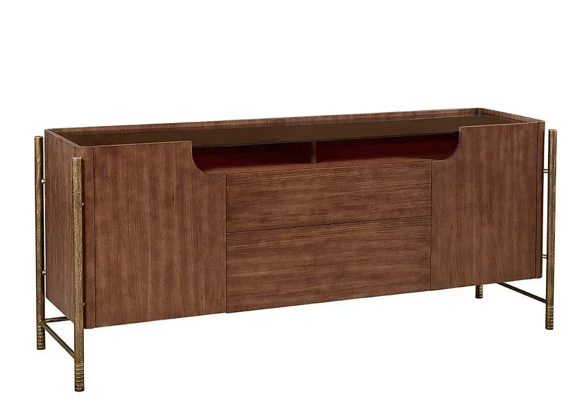 Modern wooden sideboard with two doors, three drawers and gold metal frame