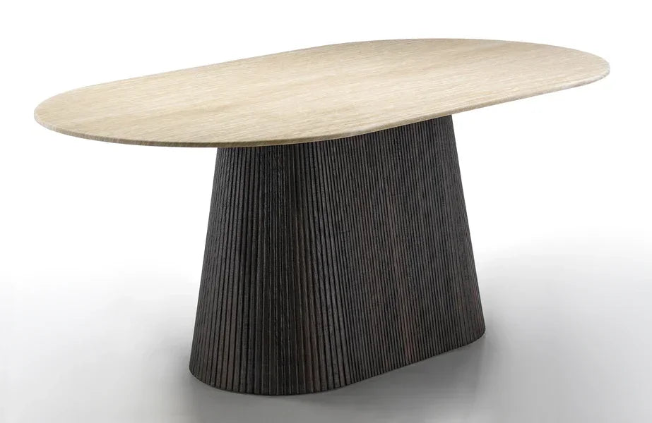 Modern oval dining table with light wood top and dark ribbed pedestal base