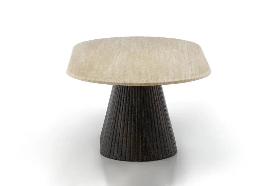 Modern coffee table with light stone top and dark fluted wood base, front view