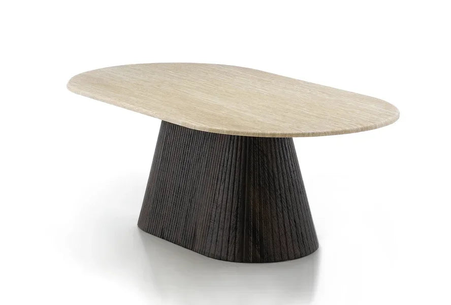 Modern coffee table with light wood oval top and black textured cone base on white background
