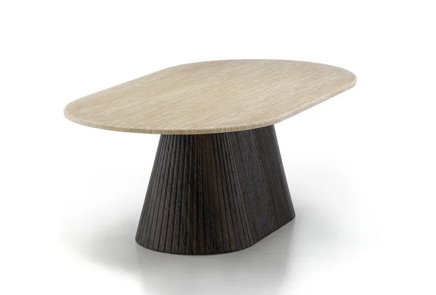 Modern wooden coffee table with light oak top and dark angled base on white background