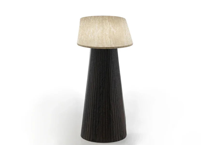 Modern floor lamp with textured black base and beige lampshade on white background