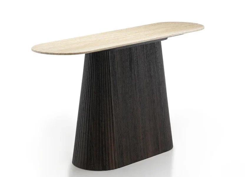 Modern console table with light wood oval top and dark textured base on white background