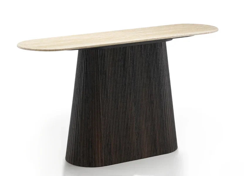 Modern console table with light wood top and dark ribbed base on white background