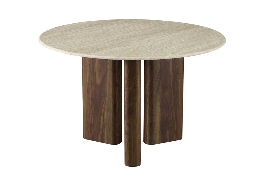 Round dining table with light wood top and dark wood cylindrical base legs