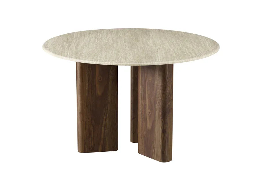 Round dining table with light stone top and three cylindrical wooden legs