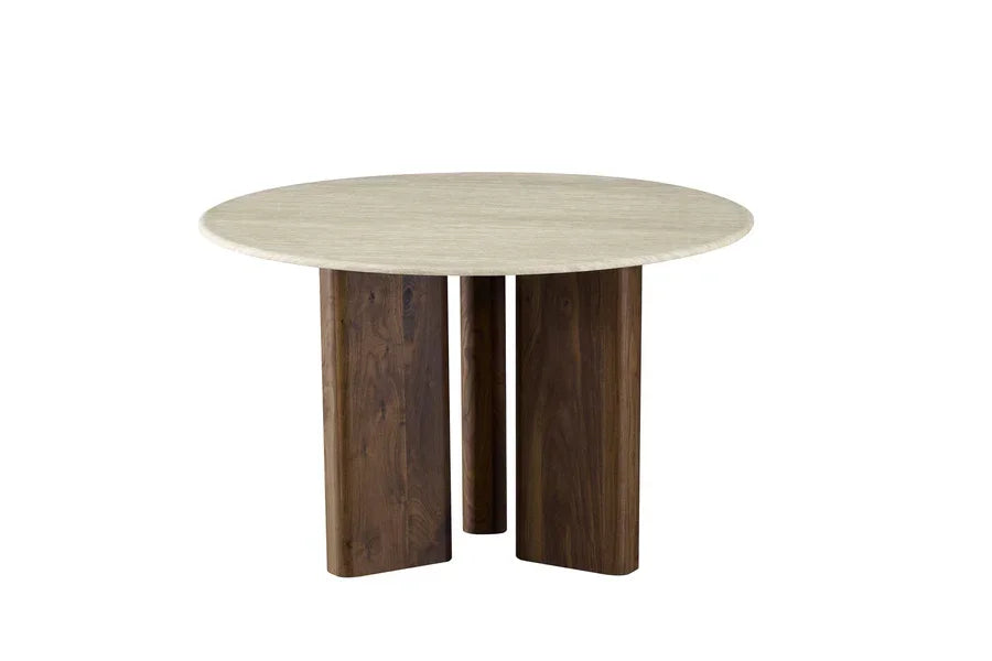 Round dining table with light wood top and chunky dark wood legs