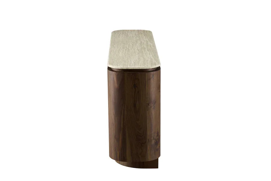Side view of console table with marble top and curved dark wood base