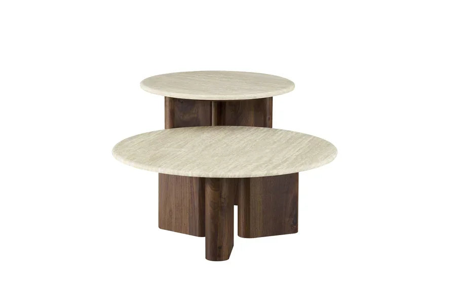 Round nesting coffee tables with light wood tops and dark wood bases