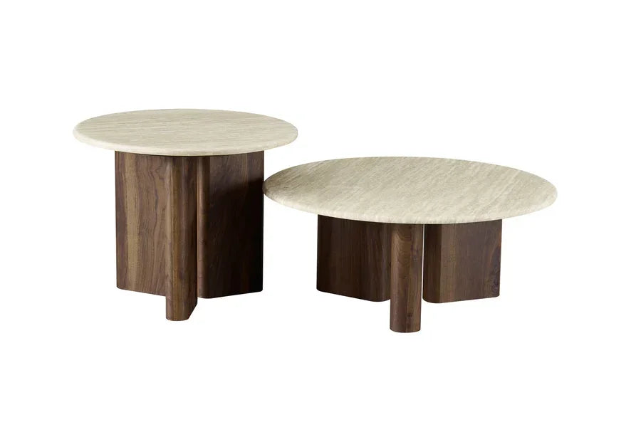 Round coffee tables with light wood tops and dark wood bases, set of two