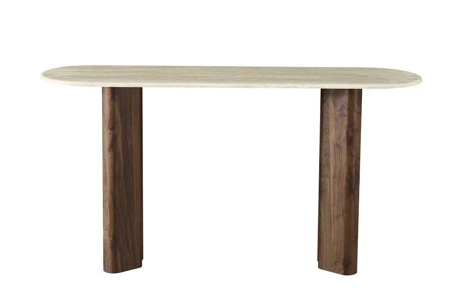 Modern console table with light wood top and two rounded dark wood legs