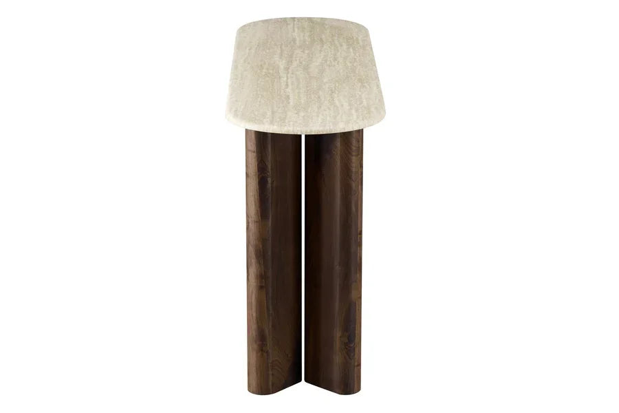 Marble top console table with dark wooden cylindrical legs, photographed from the front view