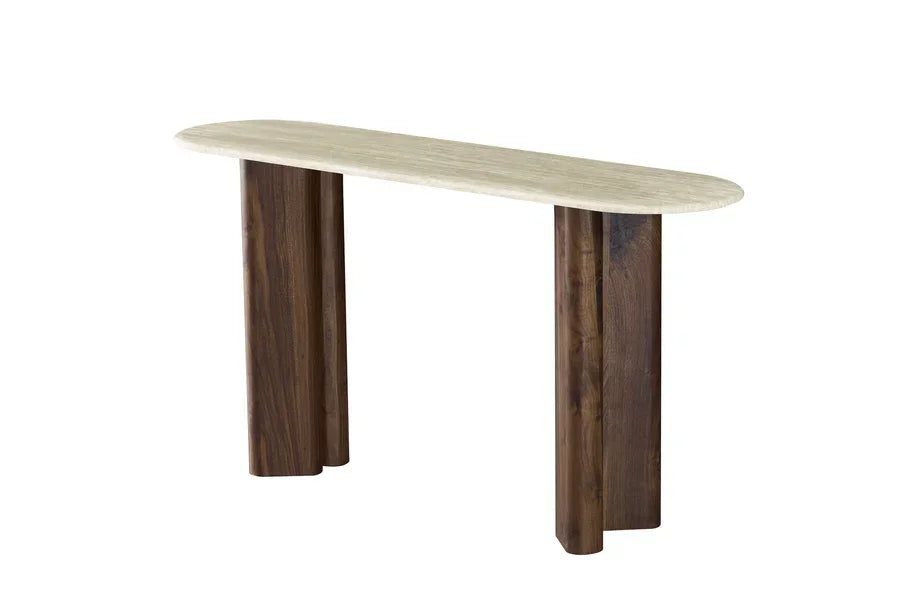 Modern console table with light wood top and two dark wood cylindrical legs