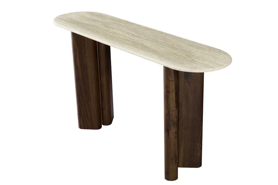 Wood console table with curved beige top and cylindrical dark wood legs