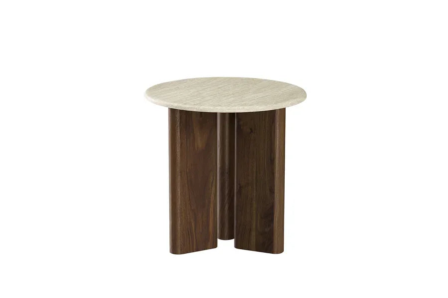 Round side table with light wood top and dark wood legs, modern accent furniture