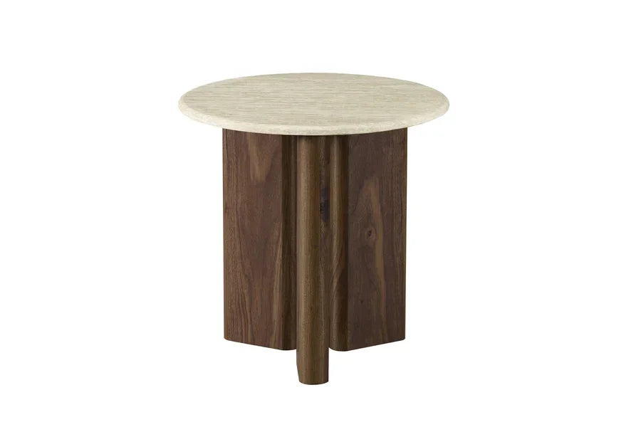 Round side table with light wood top and dark wood sculpted base